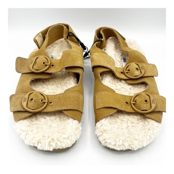 NWT Zara Leather Shearling Buckle Sling Back Flat Sandal Slipper Brown Cream 39 - Picture 4 of 8